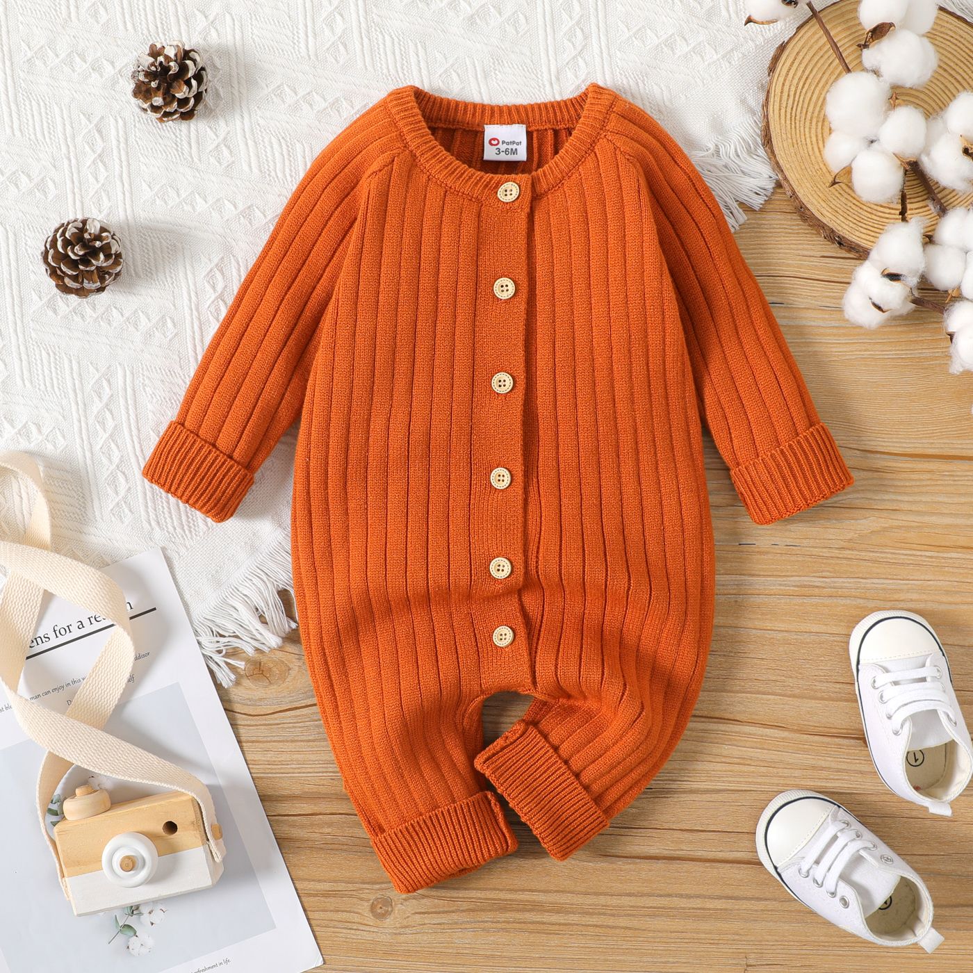 

Baby Boy/Girl Button Front Solid Rib Knit Long-sleeve Jumpsuit