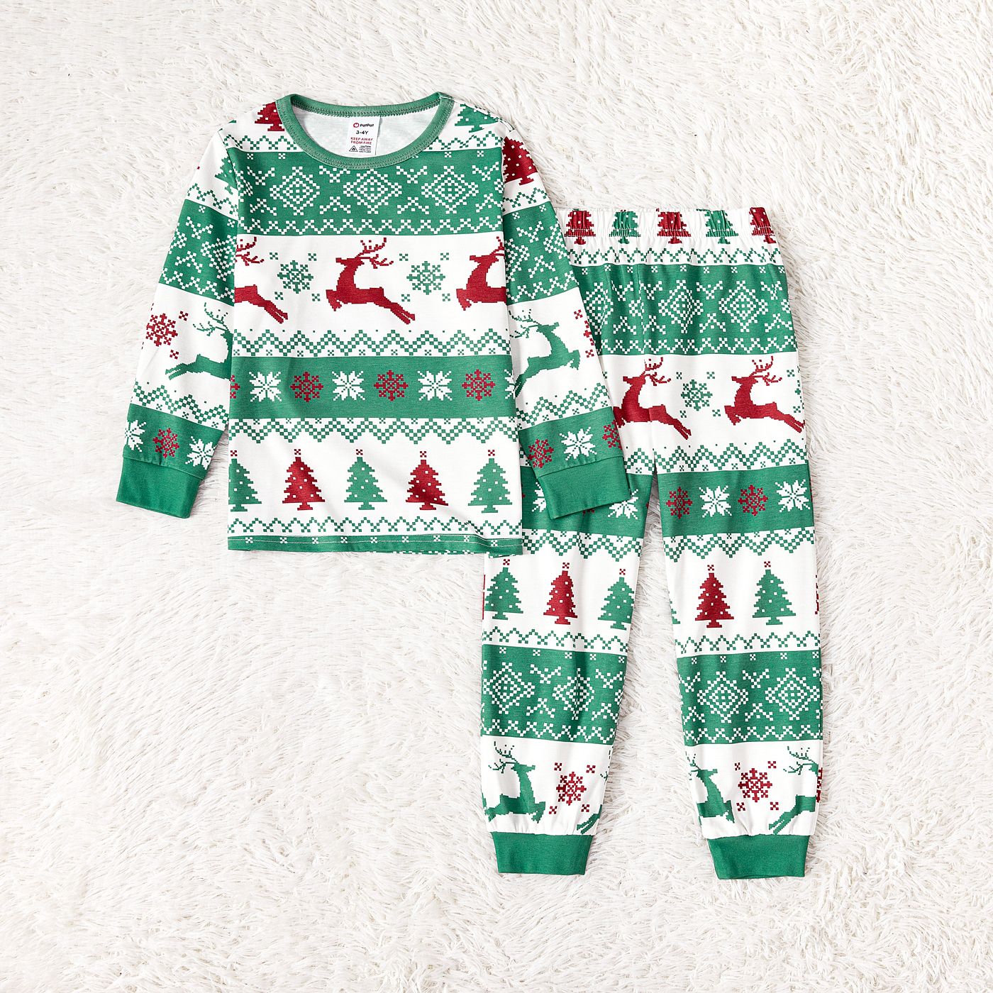 Christmas Family Matching Allover Xmas Tree & Reindeer Print Green Long-sleeve Naiaâ¢ Pajamas Sets (Flame Resistant)