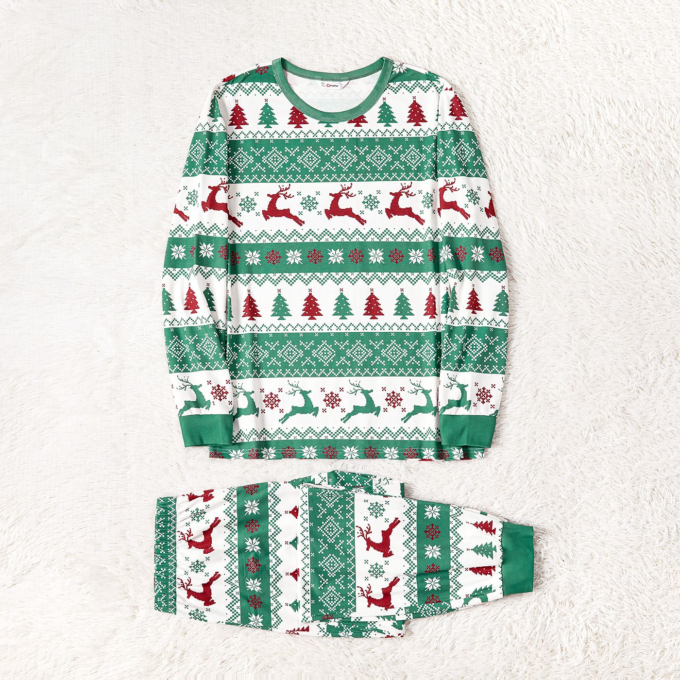 Christmas Family Matching Allover Xmas Tree & Reindeer Print Green Long-sleeve Naiatm Pajamas Sets (