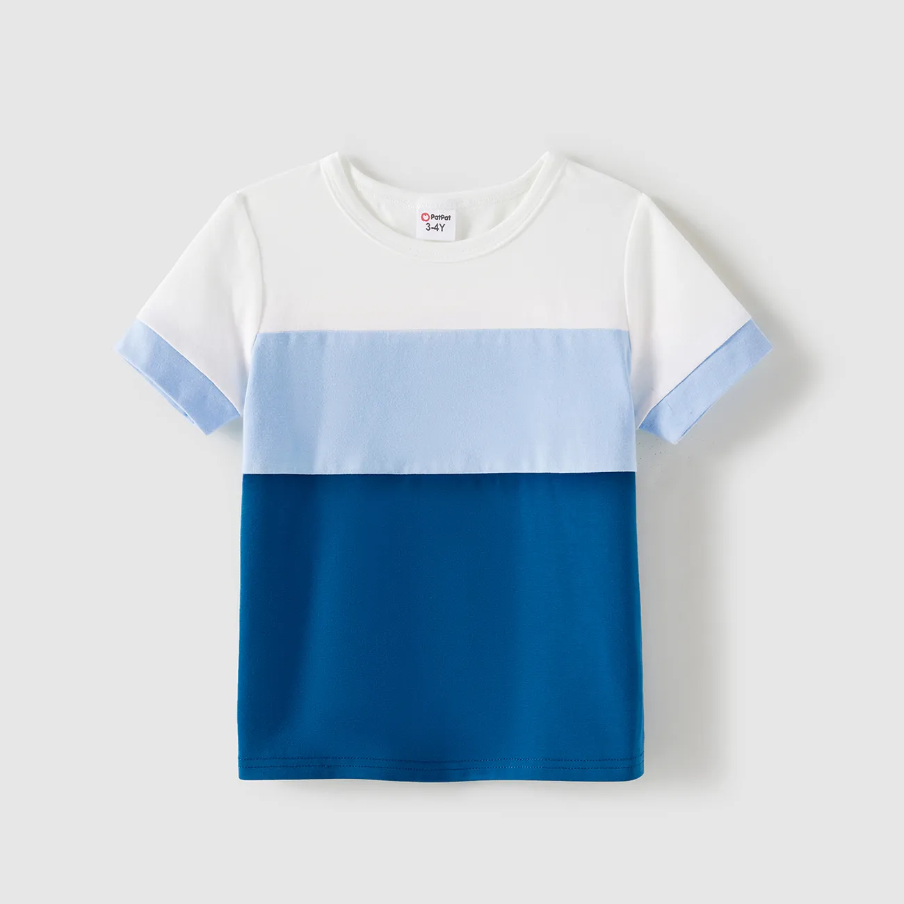 Family Matching Cotton Short-sleeve Colorblock T-shirts and Striped Floral Print V Neck Belted Dresses Sets Blue big image 1