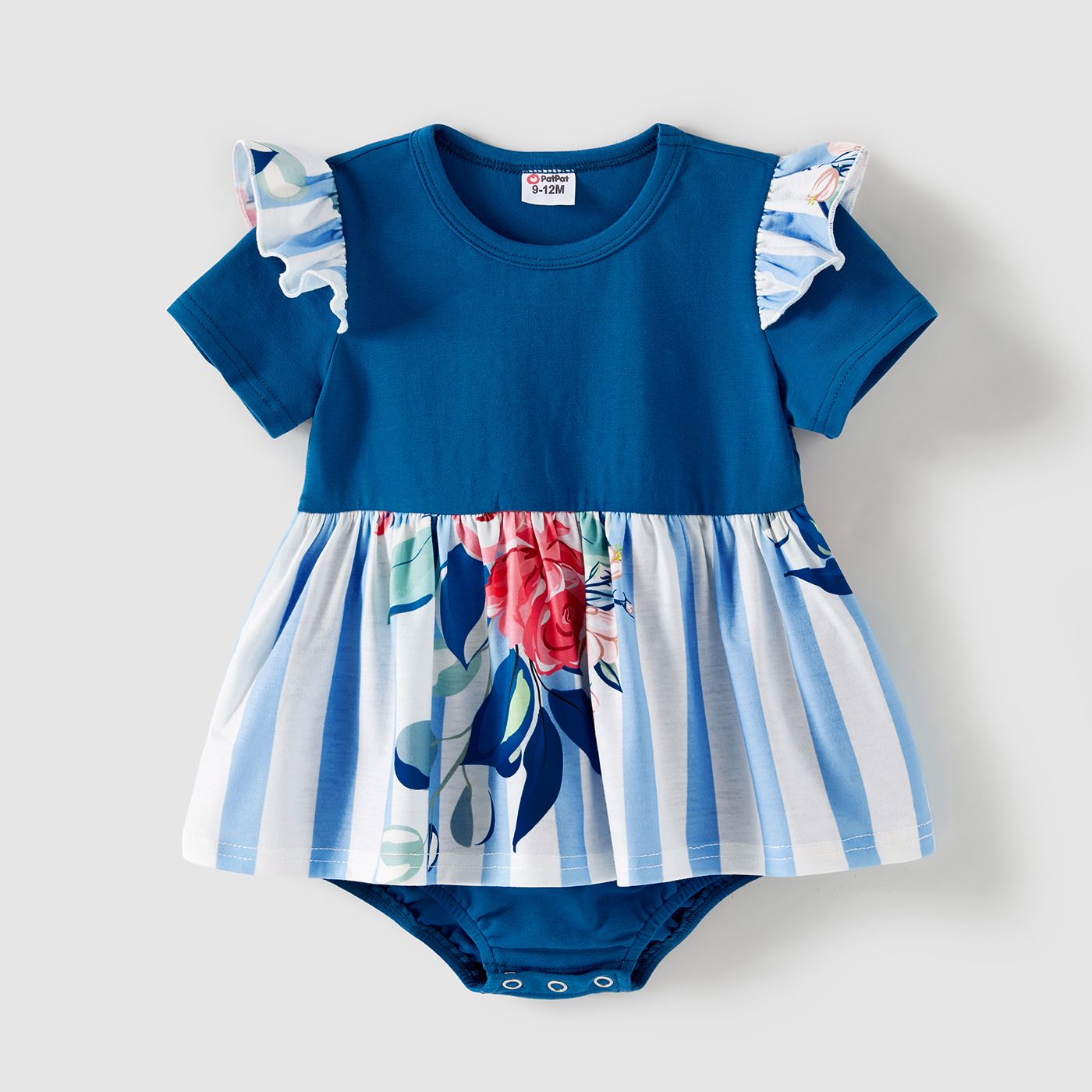 Family Matching Cotton Short-sleeve Colorblock T-shirts And Striped Floral Print V Neck Belted Dresses Sets