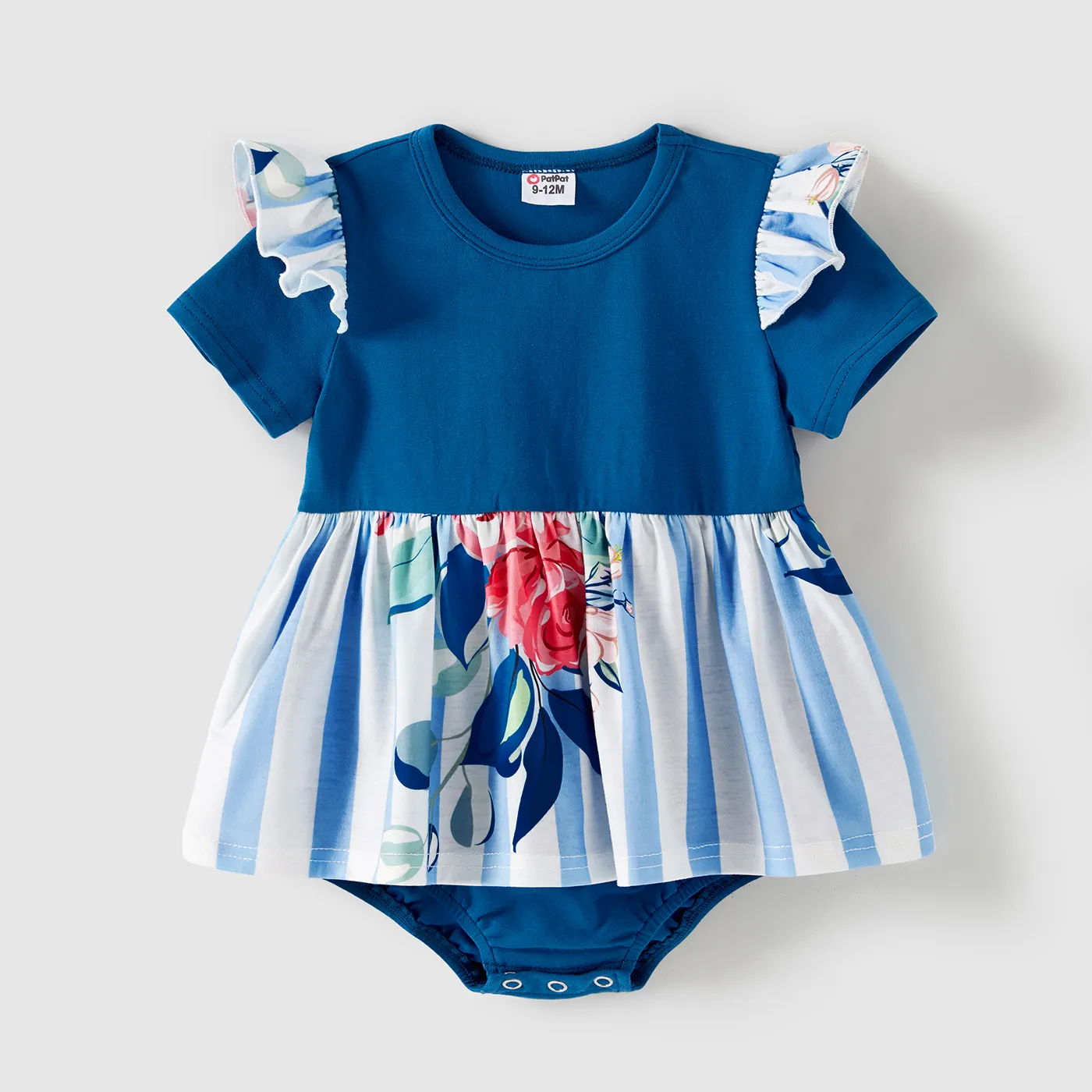 Family Matching Cotton Short-sleeve Colorblock T-shirts and Striped Floral Print V Neck Belted Dresses Sets Blue big image 1