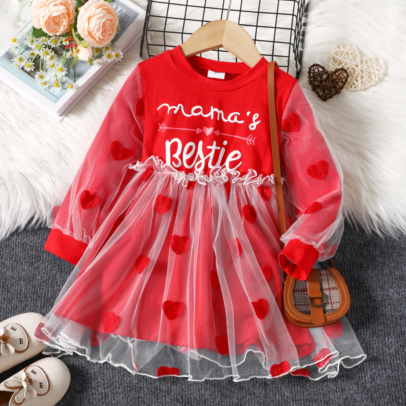 

Toddler Girl Sweet Valentine's Day Heart Embroidered Mesh Splice Dress