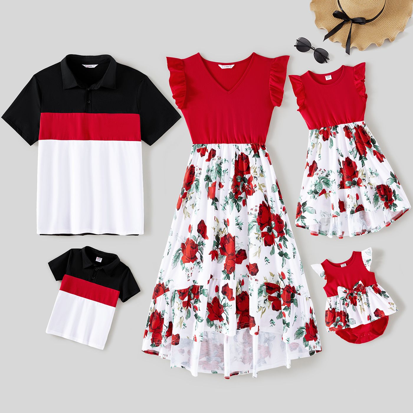 

Valentine's Day Family Matching Solid Spliced Floral Print High Low Hem Dresses and Short-sleeve Colorblock Polo Shirts Sets