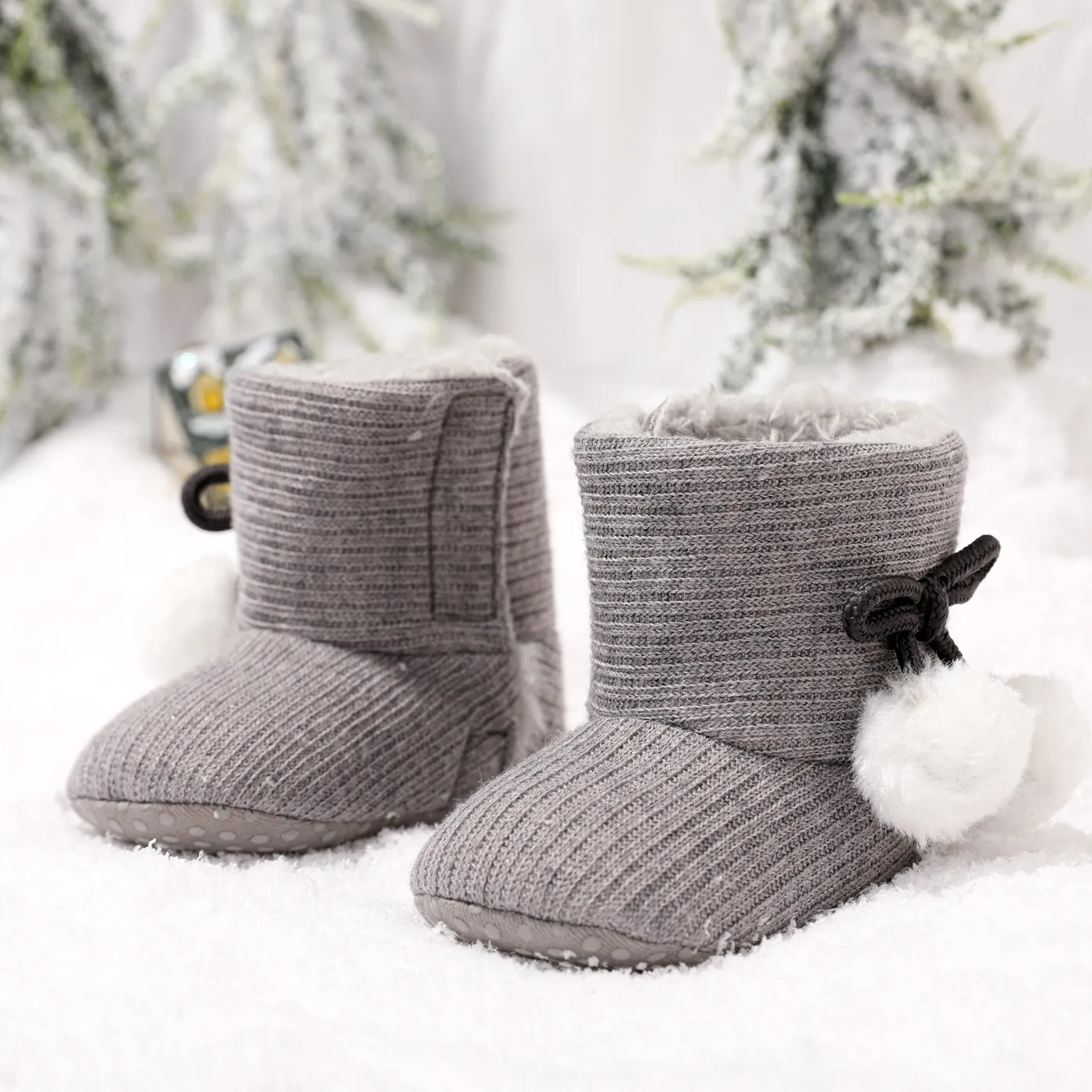 Baby / Toddler Girl Knitted Bowknot Fluff Ball Fleece-lining Prewalker Shoes Grey