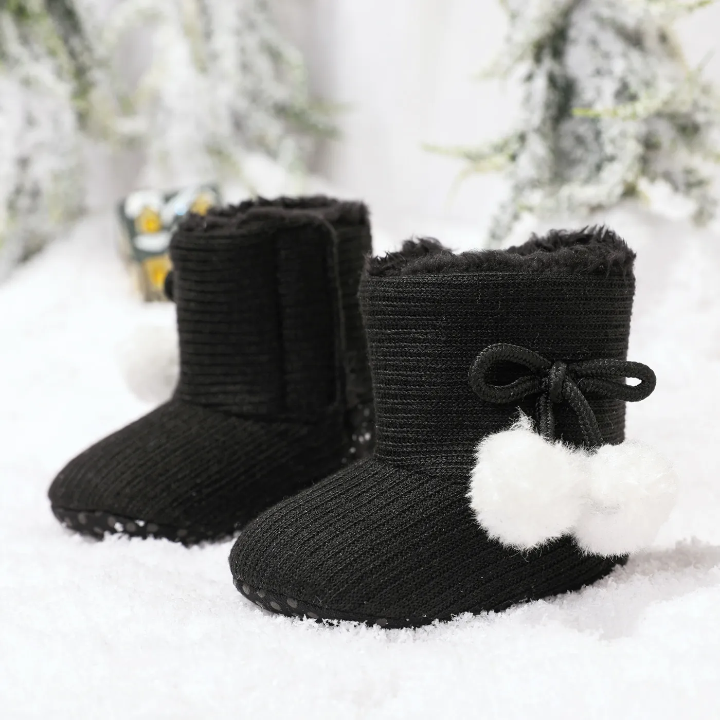 Baby / Toddler Girl Knitted Bowknot Fluff Ball Fleece-lining Prewalker Shoes Black