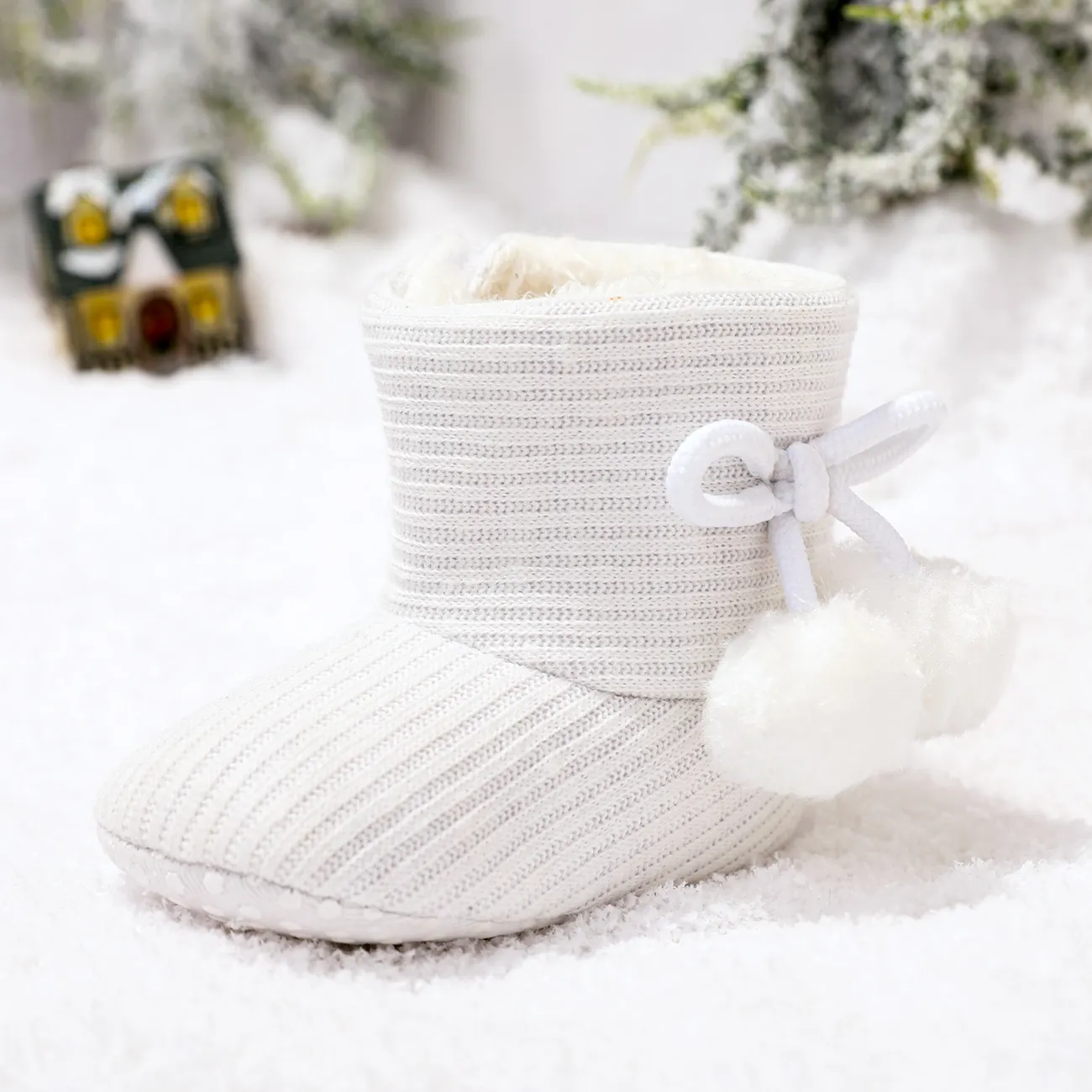 Baby / Toddler Girl Knitted Bowknot Fluff Ball Fleece-lining Prewalker Shoes White big image 1