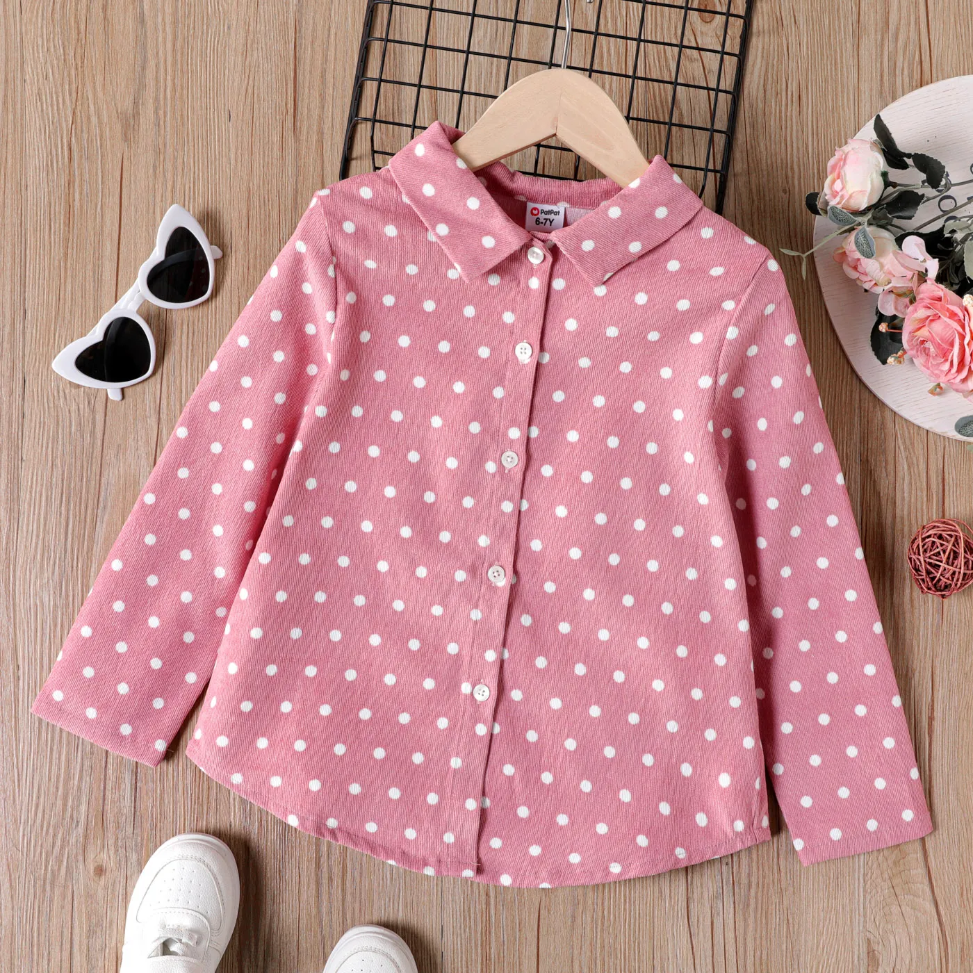 Kid Girl Polka dots Lapel Collar Long-sleeve Pink Shirt