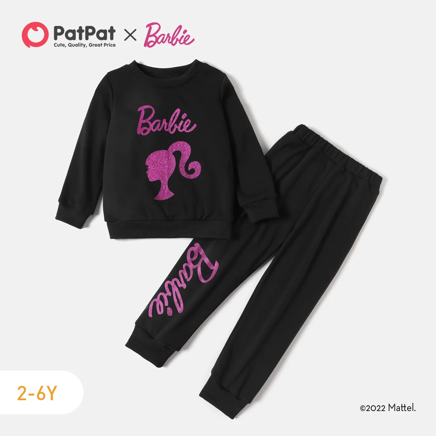 Barbie 2pcs Toddler Girl Character Letter Print Cotton Pullover Sweatshirt and Elasticized Pants Set Black