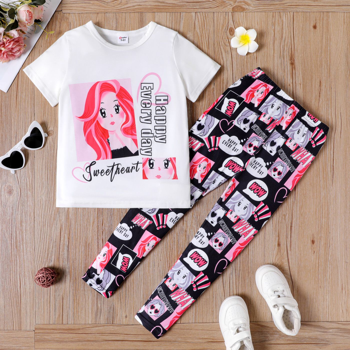 

2pcs Kid Girl Letter Figure Print Short-sleeve Tee and Elasticized Leggings Set