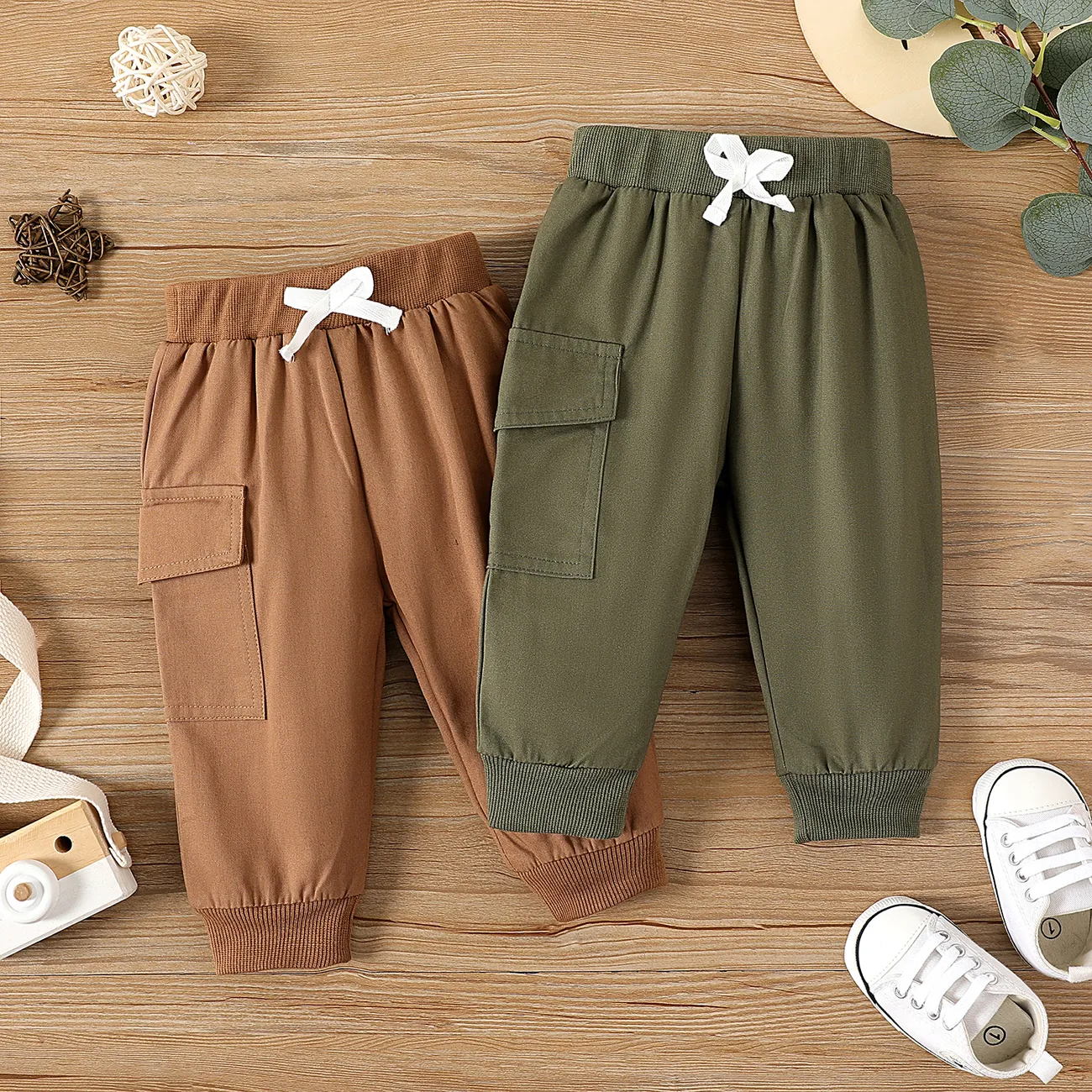 Baby Boy/Girl Bow Front Solid Casual Tapered Pants Khaki big image 1