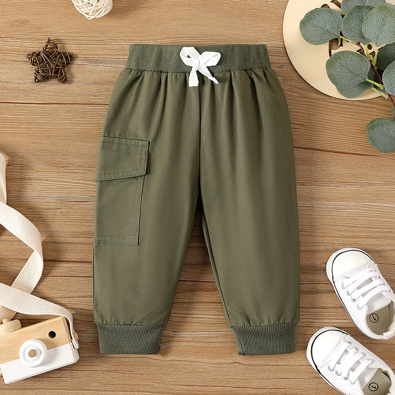 Pantalones cónicos informales lisos con lazo en la parte delantera para bebé niño/niña Verde big image 1
