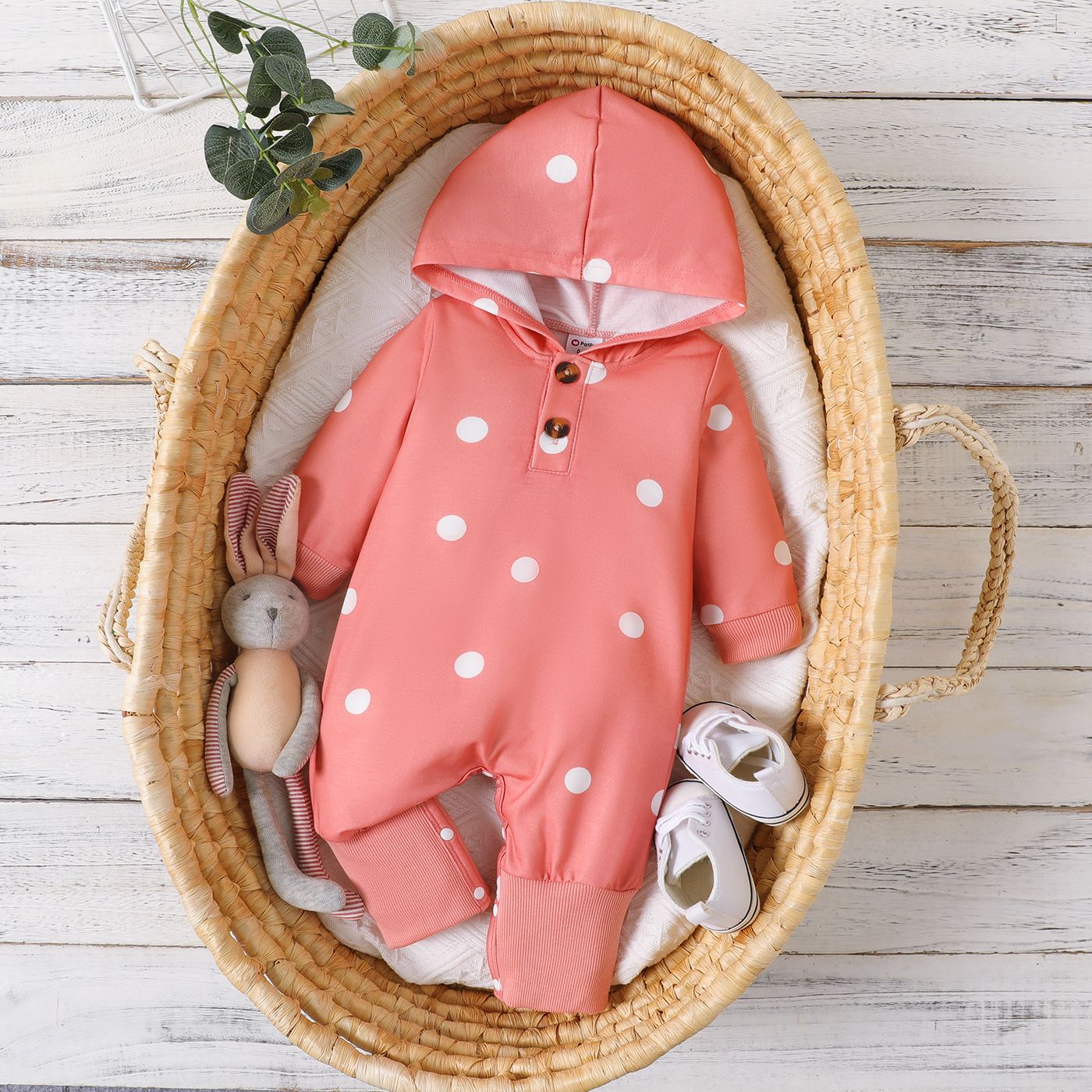 

Baby Girl Polka Dot Print Pink Hooded Long-sleeve Jumpsuit
