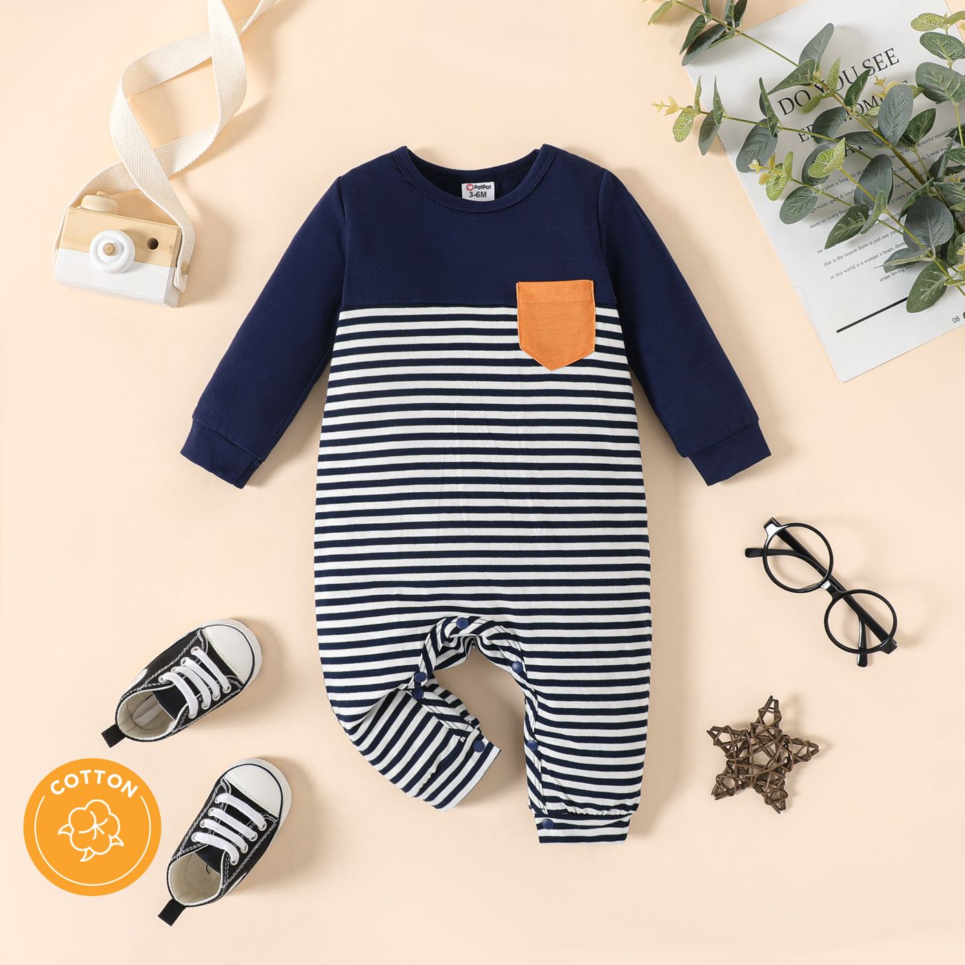 

Baby Boy 100% Cotton Striped Spliced Solid Long-sleeve Jumpsuit with Pocket