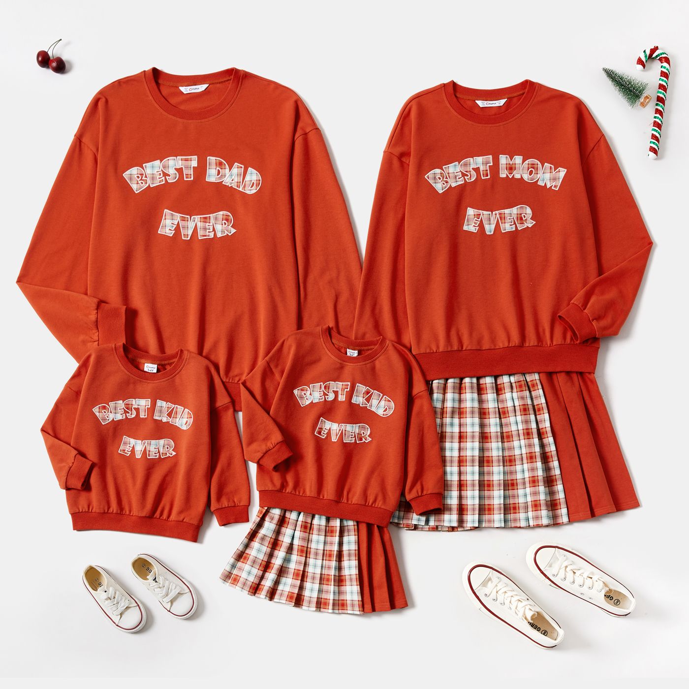 

Family Matching Letter Embroidered Long-sleeve Sweatshirts and Plaid Pleated Skirts Sets