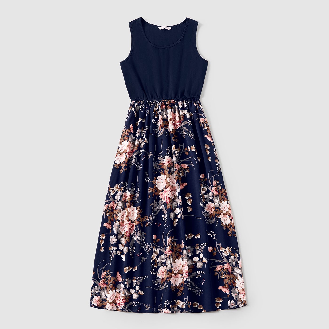 Family Matching Sleeveless Floral Print Spliced Midi Dresses And Short-sleeve Striped T-shirts Sets