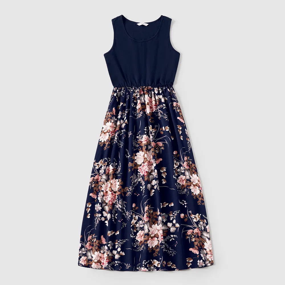 Family Matching Sleeveless Floral Print Spliced Midi Dresses and Short-sleeve Striped T-shirts Sets big image 14
