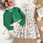 2pcs Kid Girl Floral Print Sleeveless Dress and Bowknot Design Cardigan Set Green