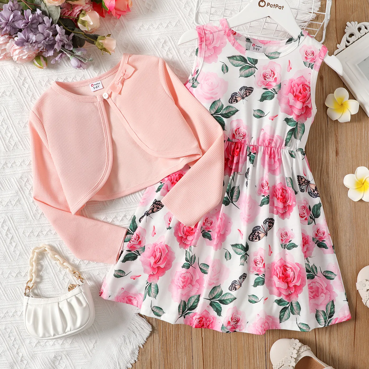 2pcs Kid Girl Floral Print Sleeveless Dress And Bowknot Design Cardigan Set