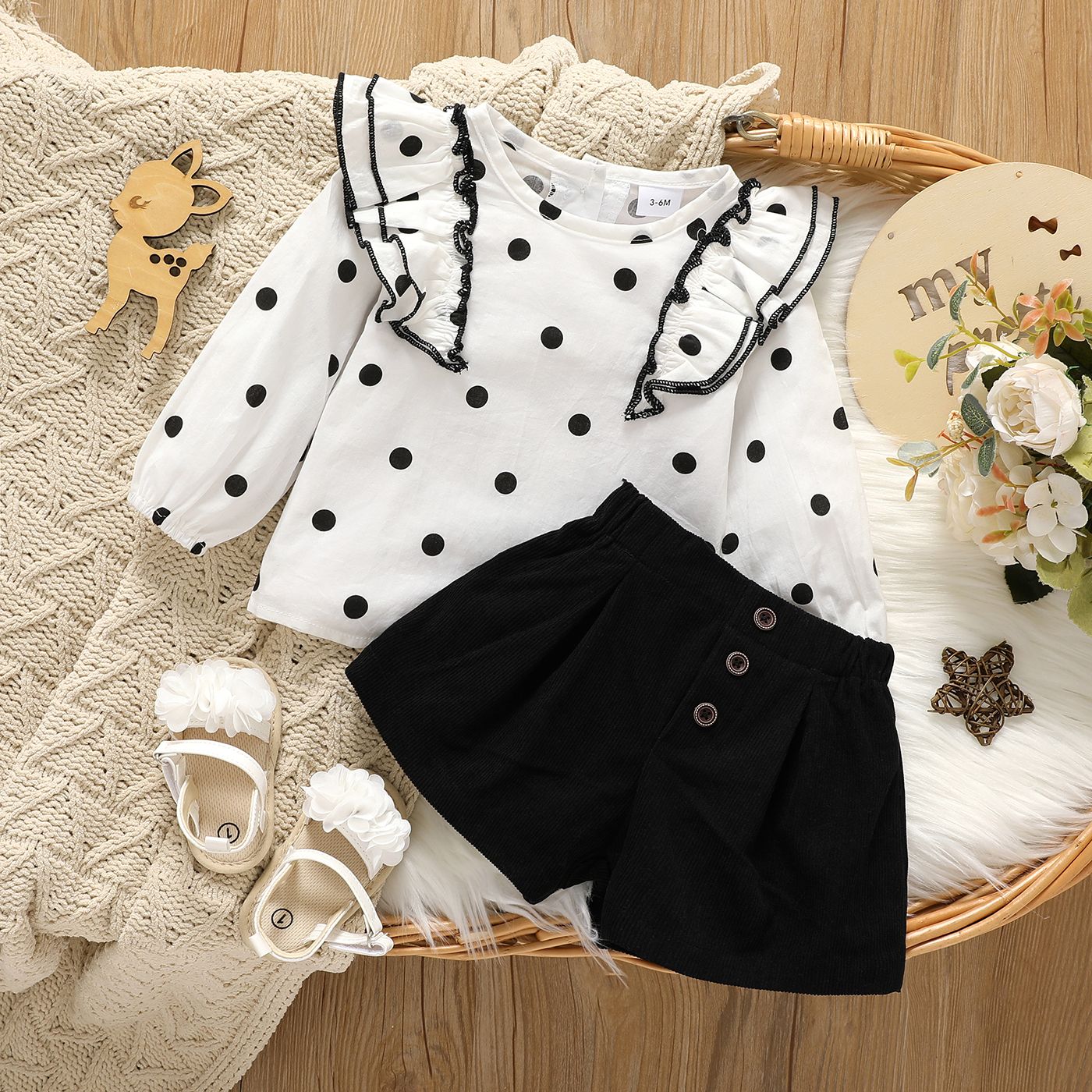 

2pcs Baby Girl 100% Cotton Polka Dot Print Ruffle Trim Long-sleeve Top and Solid Shorts Set