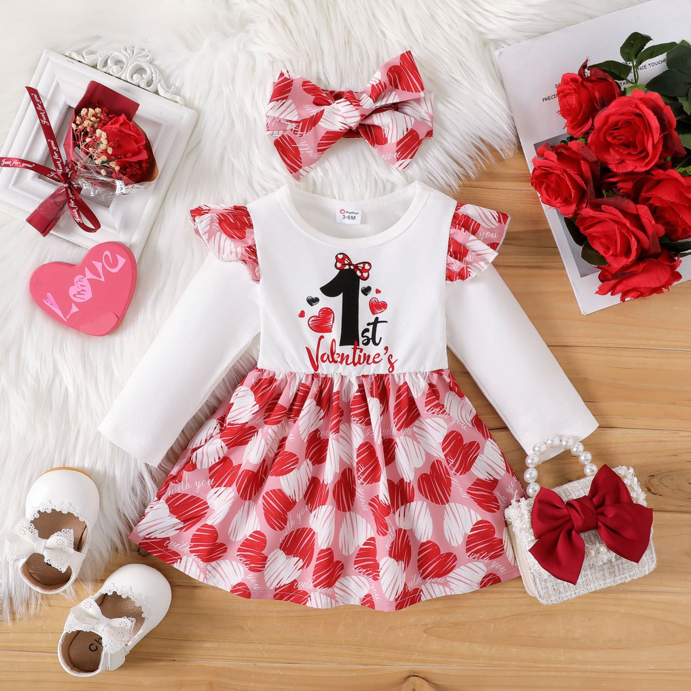 Valentine's Day 2pcs Baby Girl 95% Cotton Long-sleeve Letter & Heart Print Spliced Mesh Dress with Headband Set