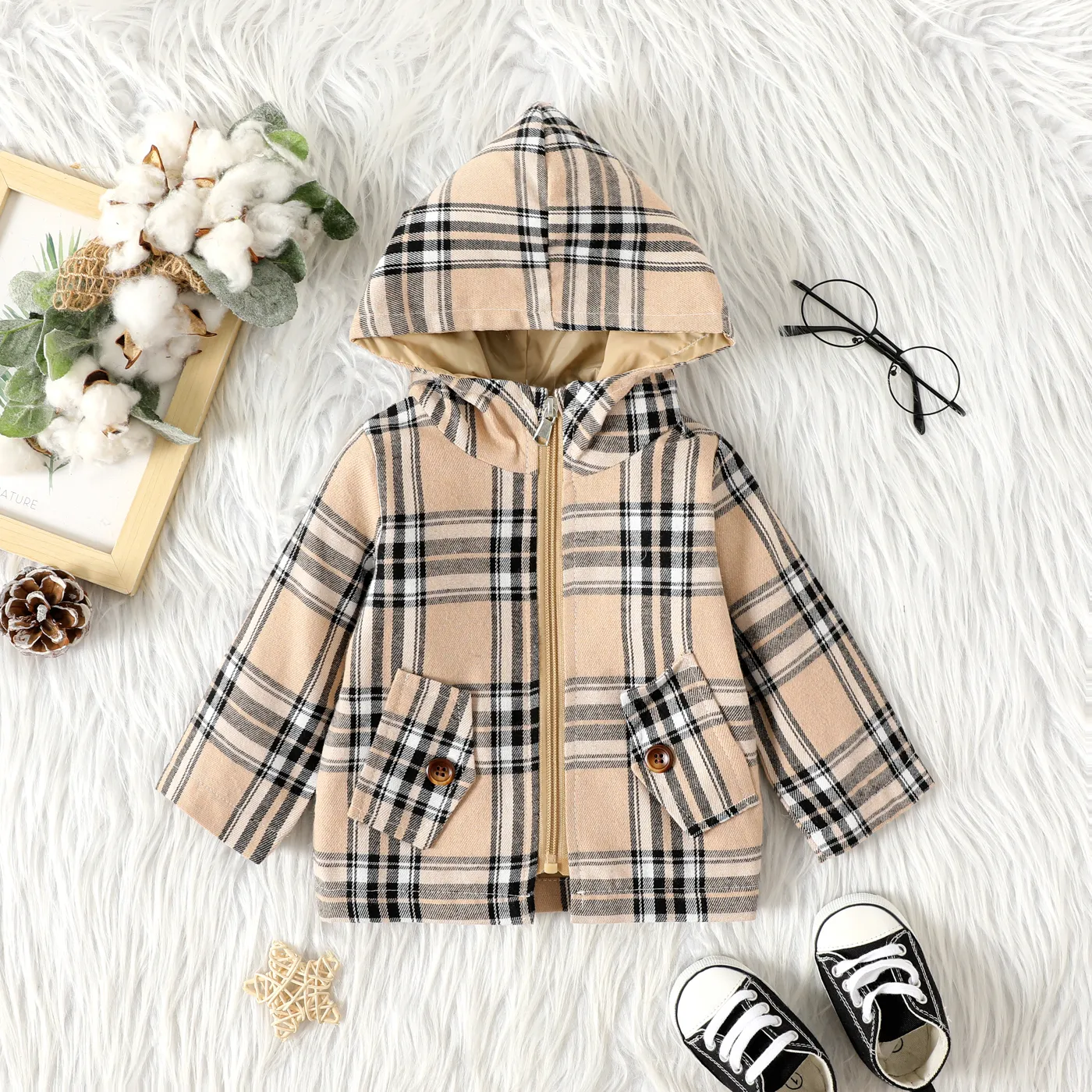 

Baby Boy Khaki Plaid Hooded Long-sleeve Zipper Jacket