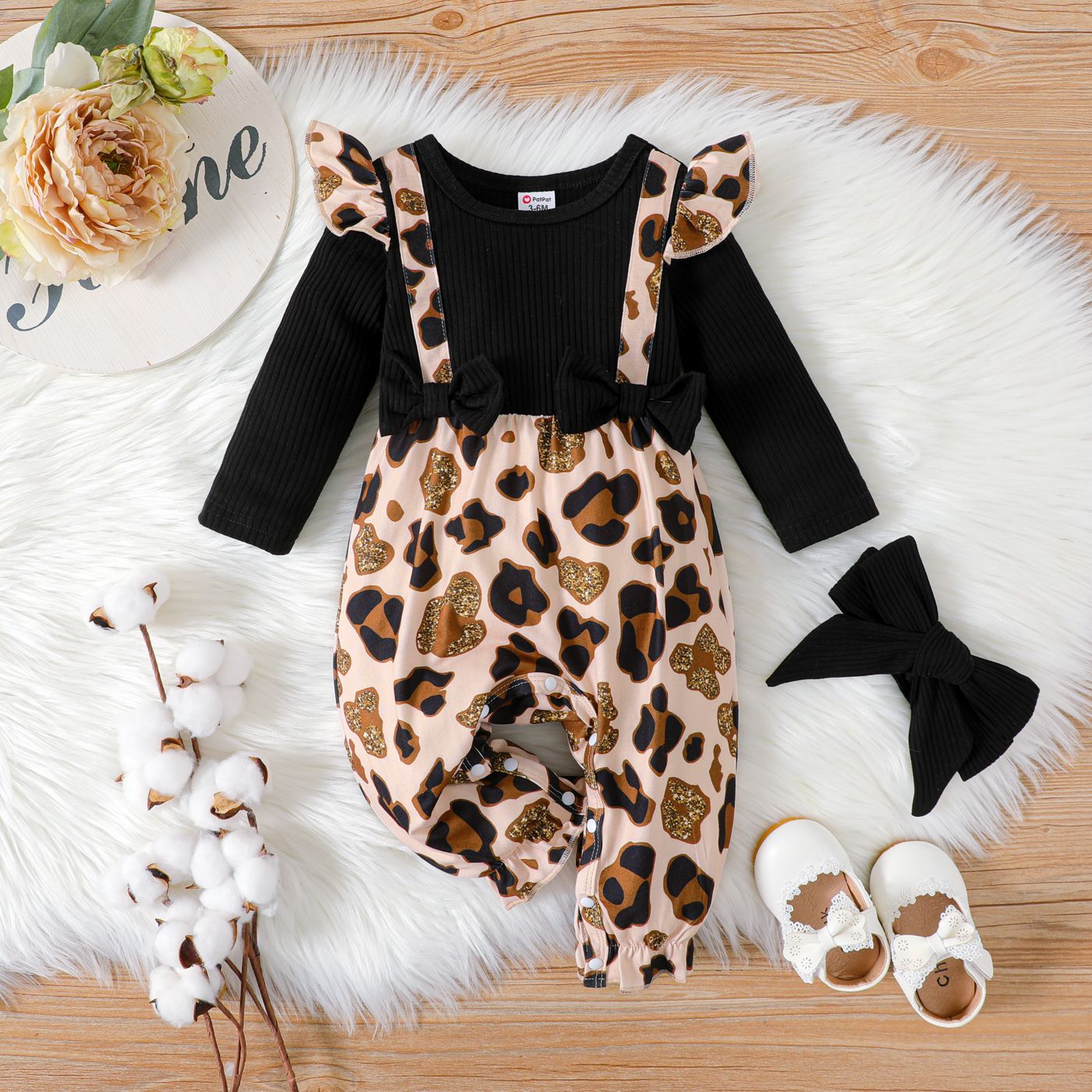 

2pcs Baby Girl Black Ribbed Bow Front Spliced Leopard Print Ruffle Long-sleeve Jumpsuit with Headband Set