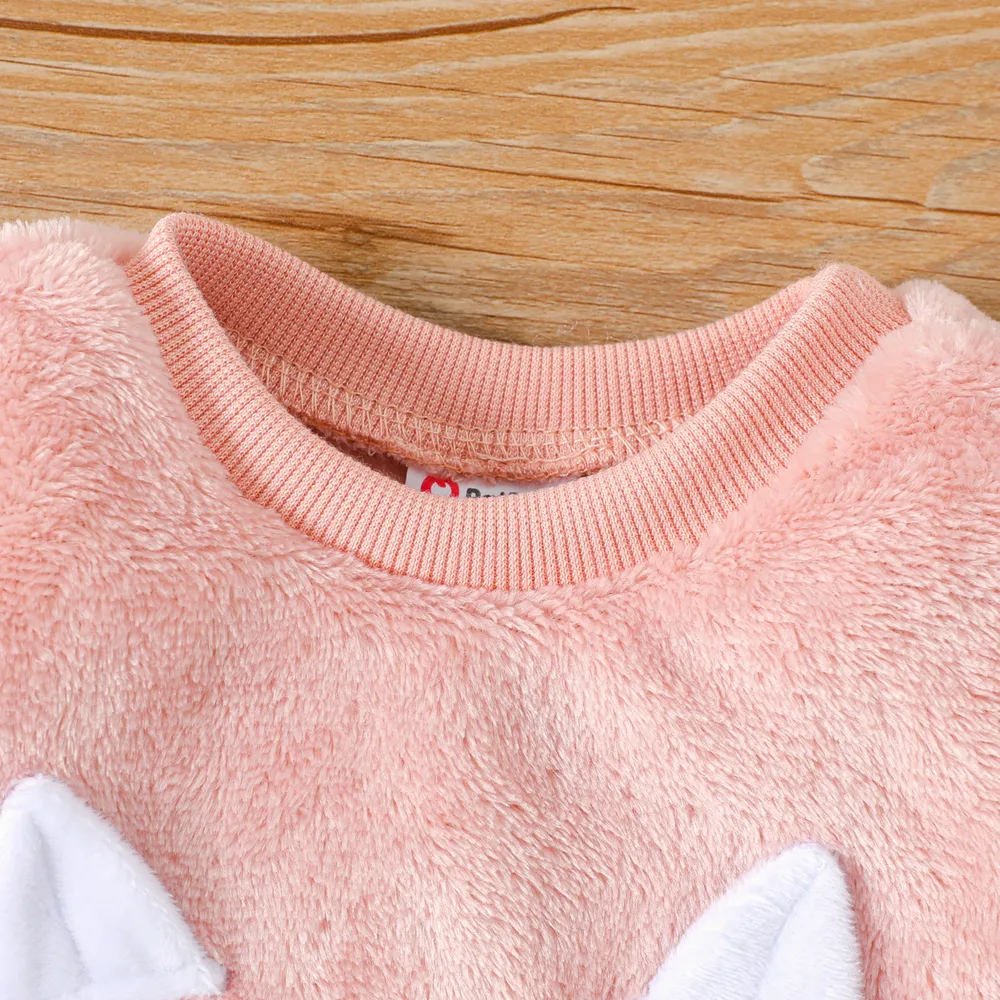 2pcs Baby Girl Animal Embroidered Long-sleeve Fuzzy Sweatshirt and Leopard Pants Set big image 3