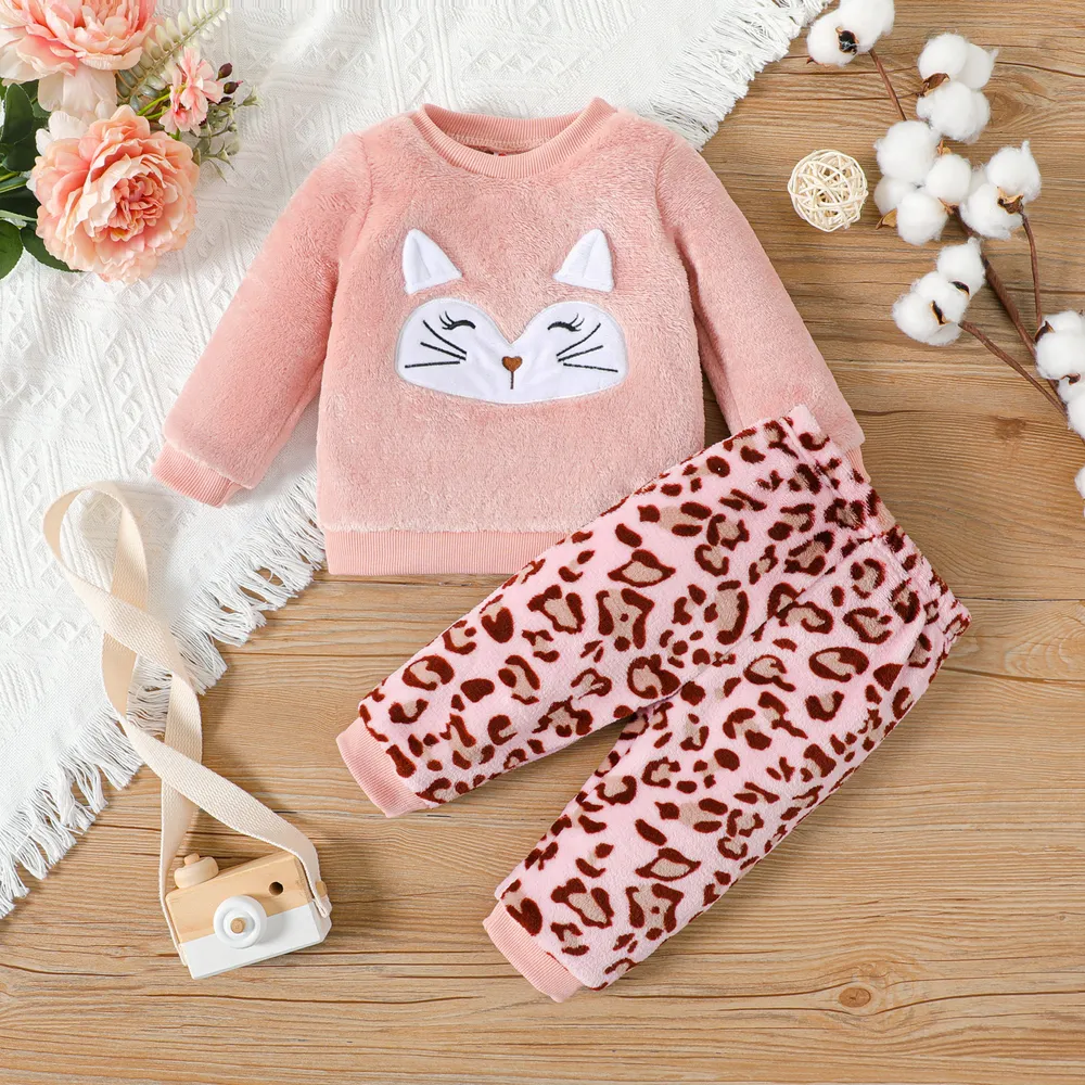 2pcs Baby Girl Animal Embroidered Long-sleeve Fuzzy Sweatshirt and Leopard Pants Set  big image 1