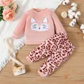 2pcs Baby Girl Animal Embroidered Long-sleeve Fuzzy Sweatshirt and Leopard Pants Set  image 1