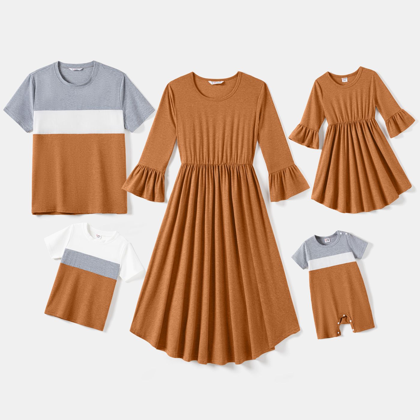 

Family Matching Solid Flare-sleeve Flowy Pleated Dresses and Short-sleeve Colorblock T-shirts Sets