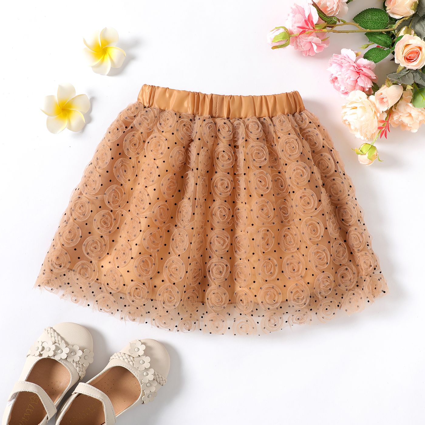 Kid Girl Polka dots 3D Floral Design Elasticized Mesh Skirt