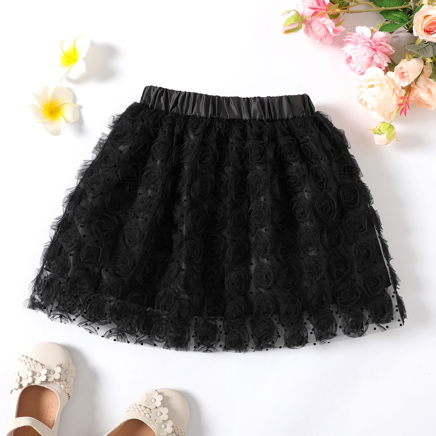 Kid Girl Polka Dots 3D Floral Design Elasticized Mesh Skirt