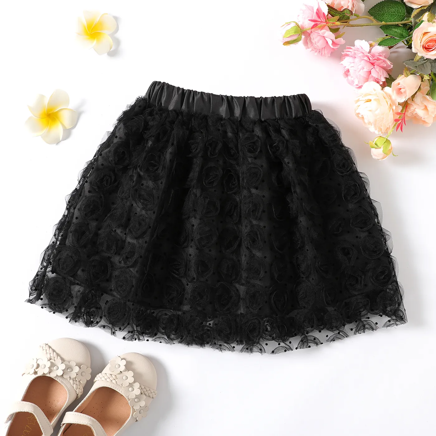 Kid Girl Polka dots 3D Floral Design Elasticized Mesh Skirt  image 6