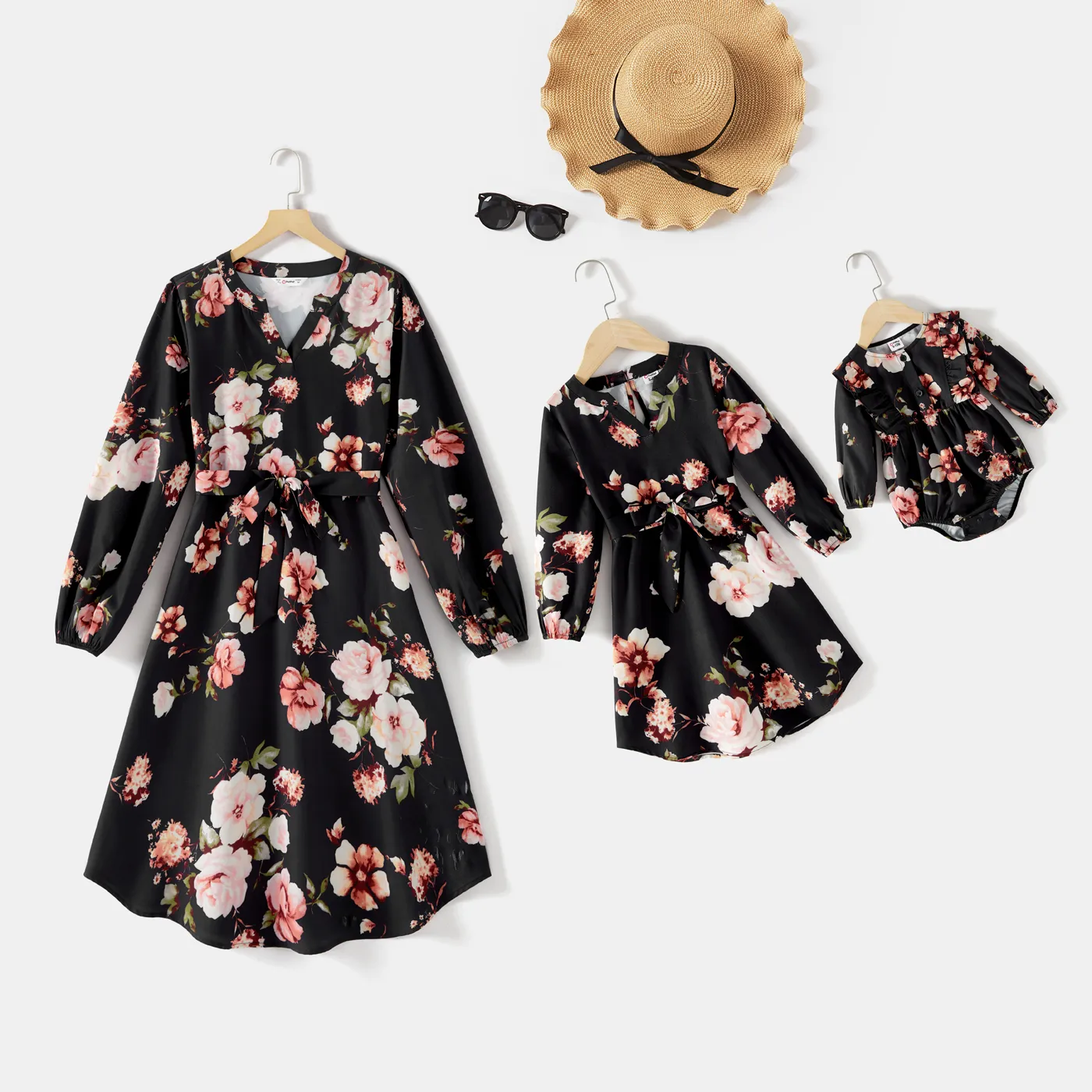 

Mommy and Me Allover Floral Print Black Notch Neck Belted Long-sleeve Dresses