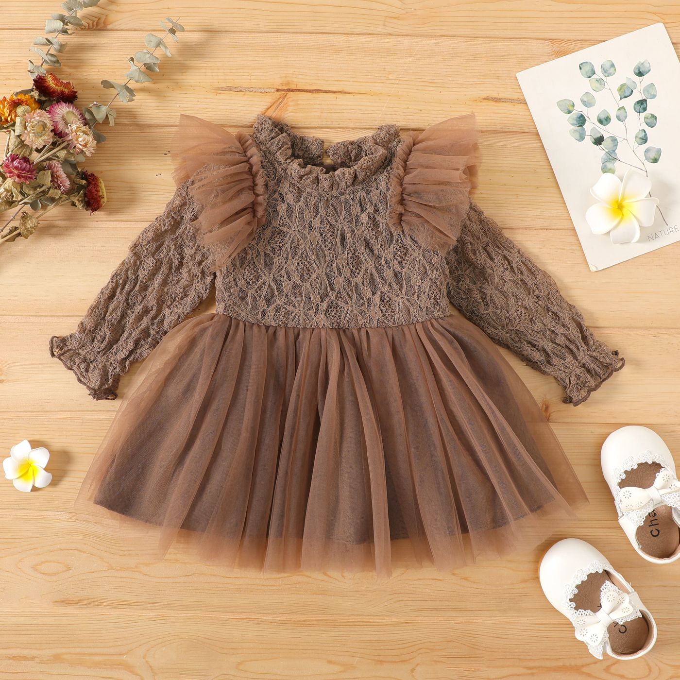 

Baby Girl Coffee Lace Long-sleeve Spliced Ruffle Trim Mesh Party Dress