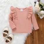 Baby Girl Solid Waffle Textured Ruffle Trim Long-sleeve Top Pink