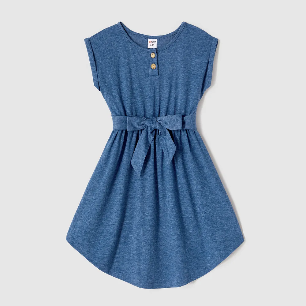 Family Matching Blue Cap-sleeve Belted Midi Dresses and Short-sleeve Striped Spliced T-shirts Sets  big image 8