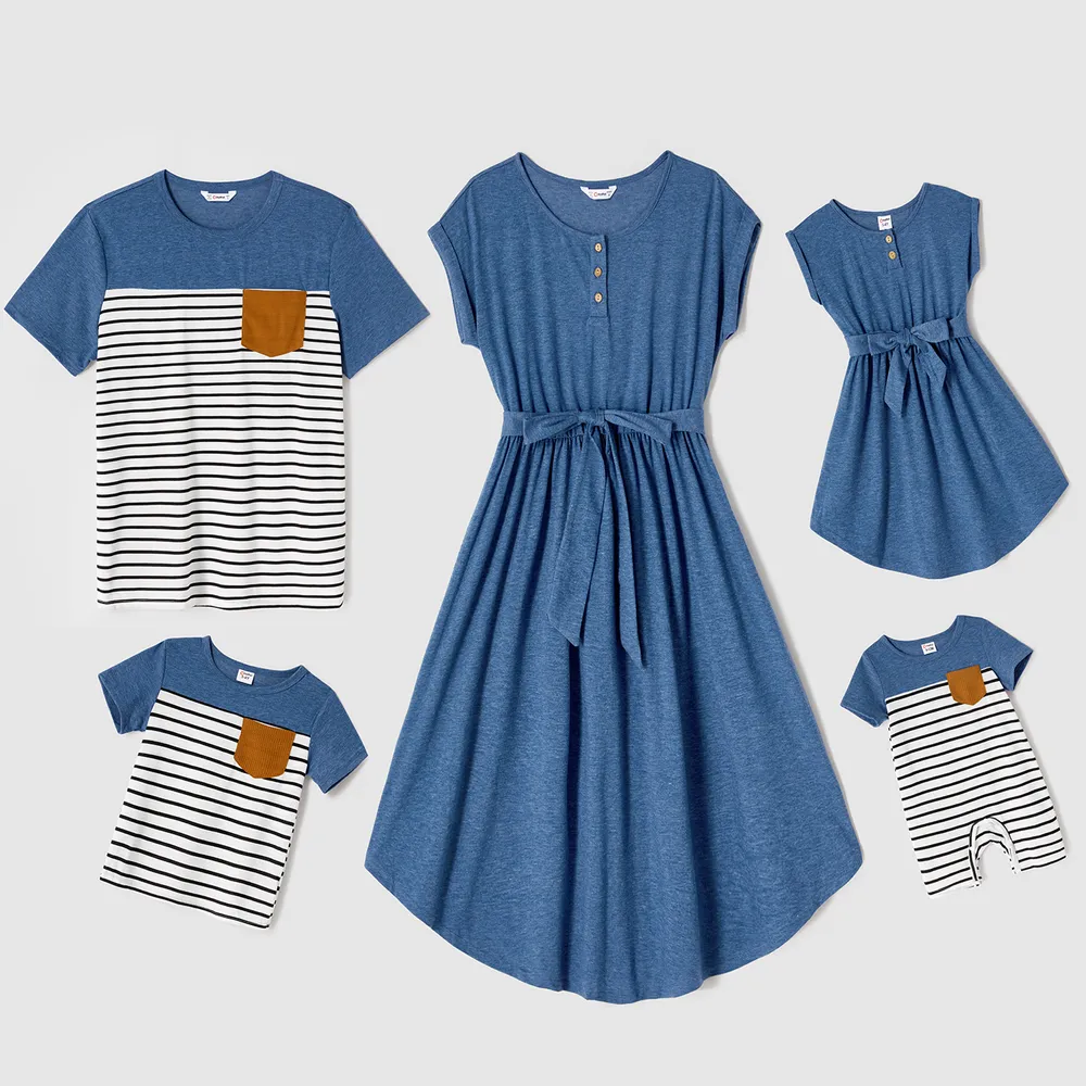 Family Matching Blue Cap-sleeve Belted Midi Dresses and Short-sleeve Striped Spliced T-shirts Sets  big image 16