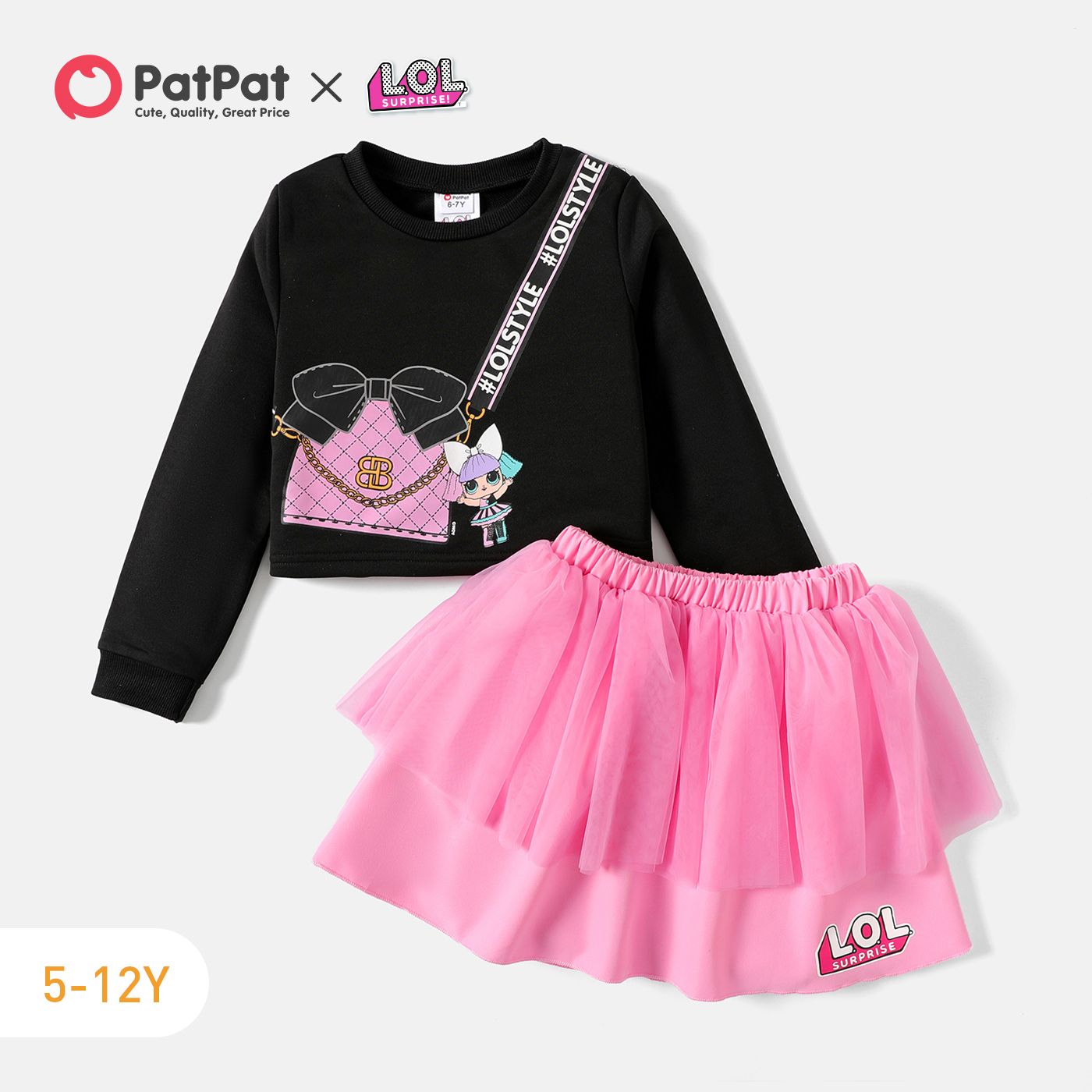 

L.O.L. SURPRISE! 2pcs Kid Girl Bag Print Black Sweatshirt and Mesh Skirt Set