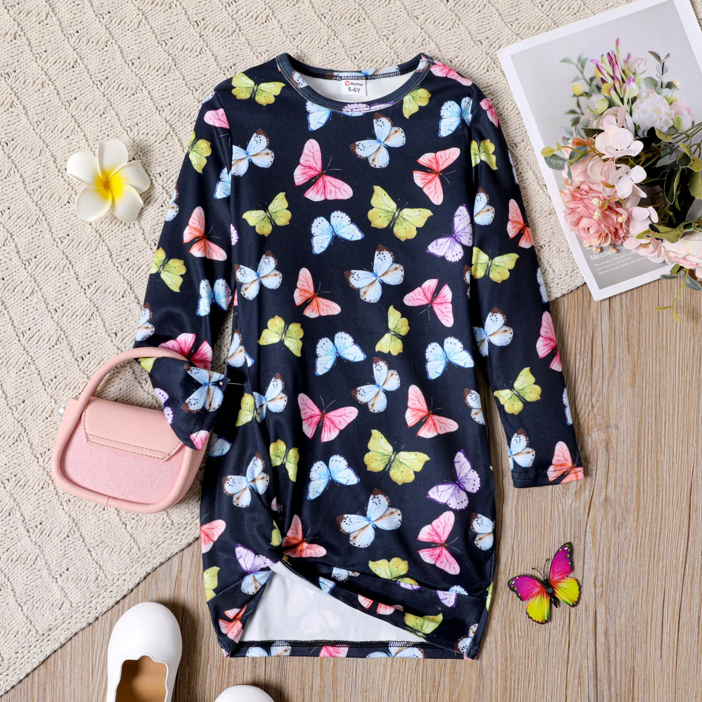 Kid Girl Butterfly Print/ Ribbed Twist Knot Long-sleeve Dress Multi-color