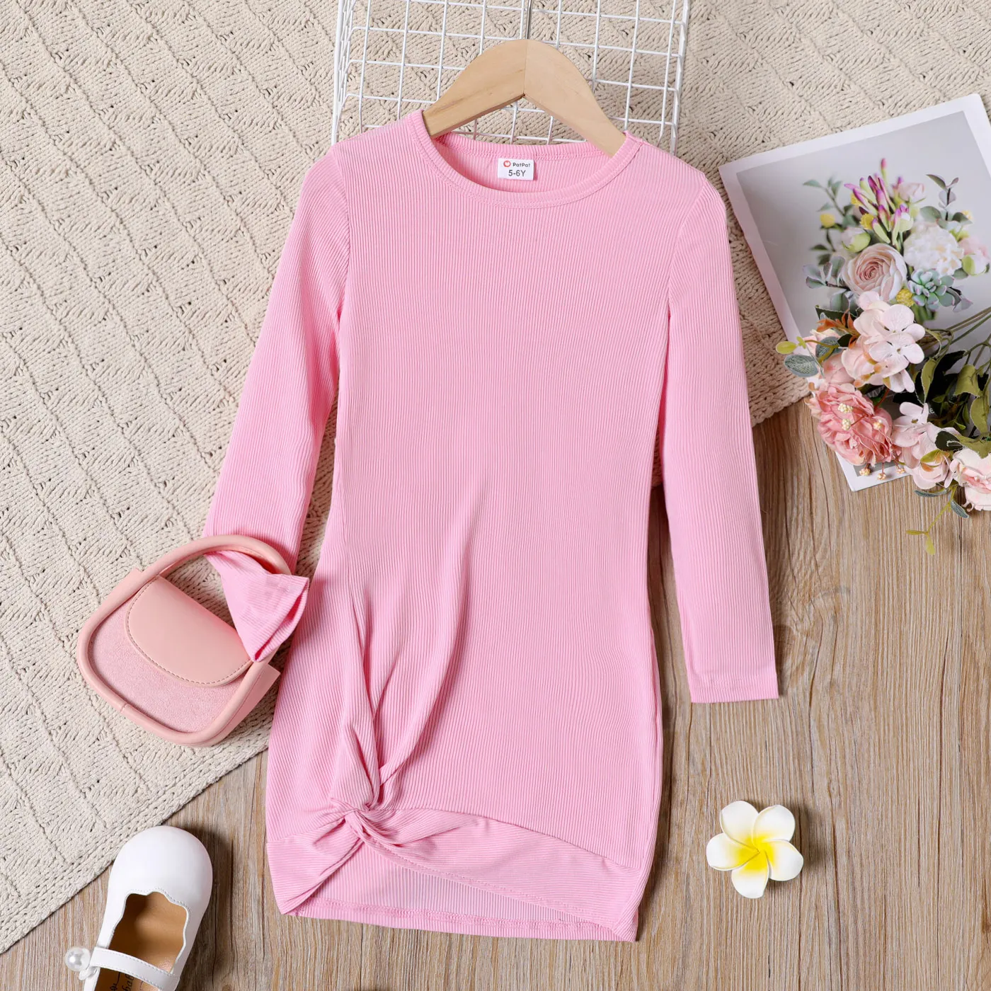 Kid Girl Butterfly Print/ Ribbed Twist Knot Long-sleeve Dress Pink big image 1