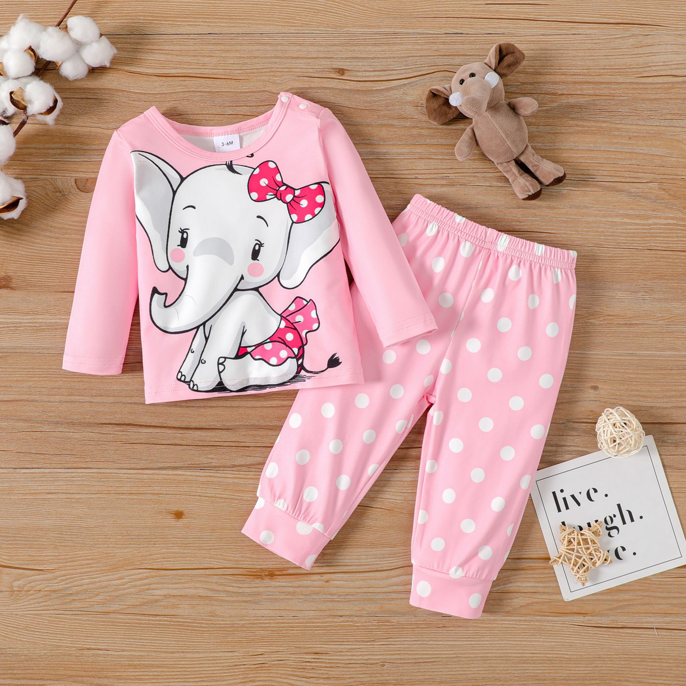 

2pcs Baby Girl Long-sleeve Elephant Graphic Tee and Polka Dots Print Pants Set