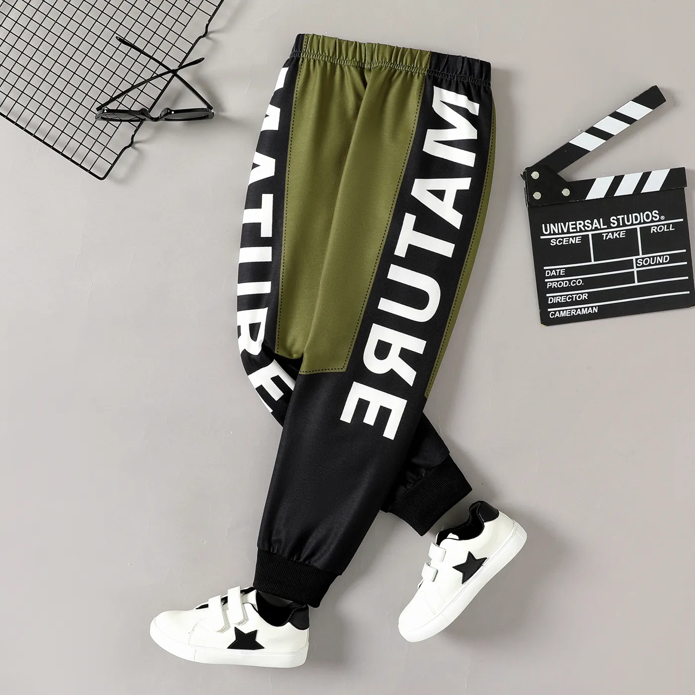 Kid Boy Letter Print Colorblock Elasticized Pants  big image 1