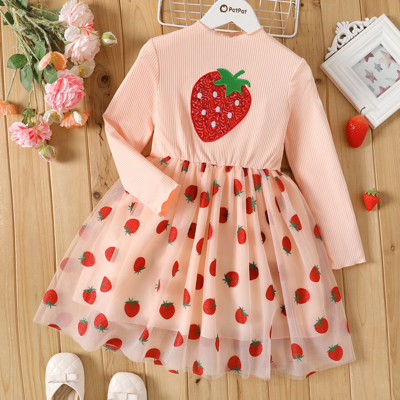 

Kid Girl Strawberry Embroidered Sequined Mock Neck Mesh Splice Long-sleeve Fairy Dress