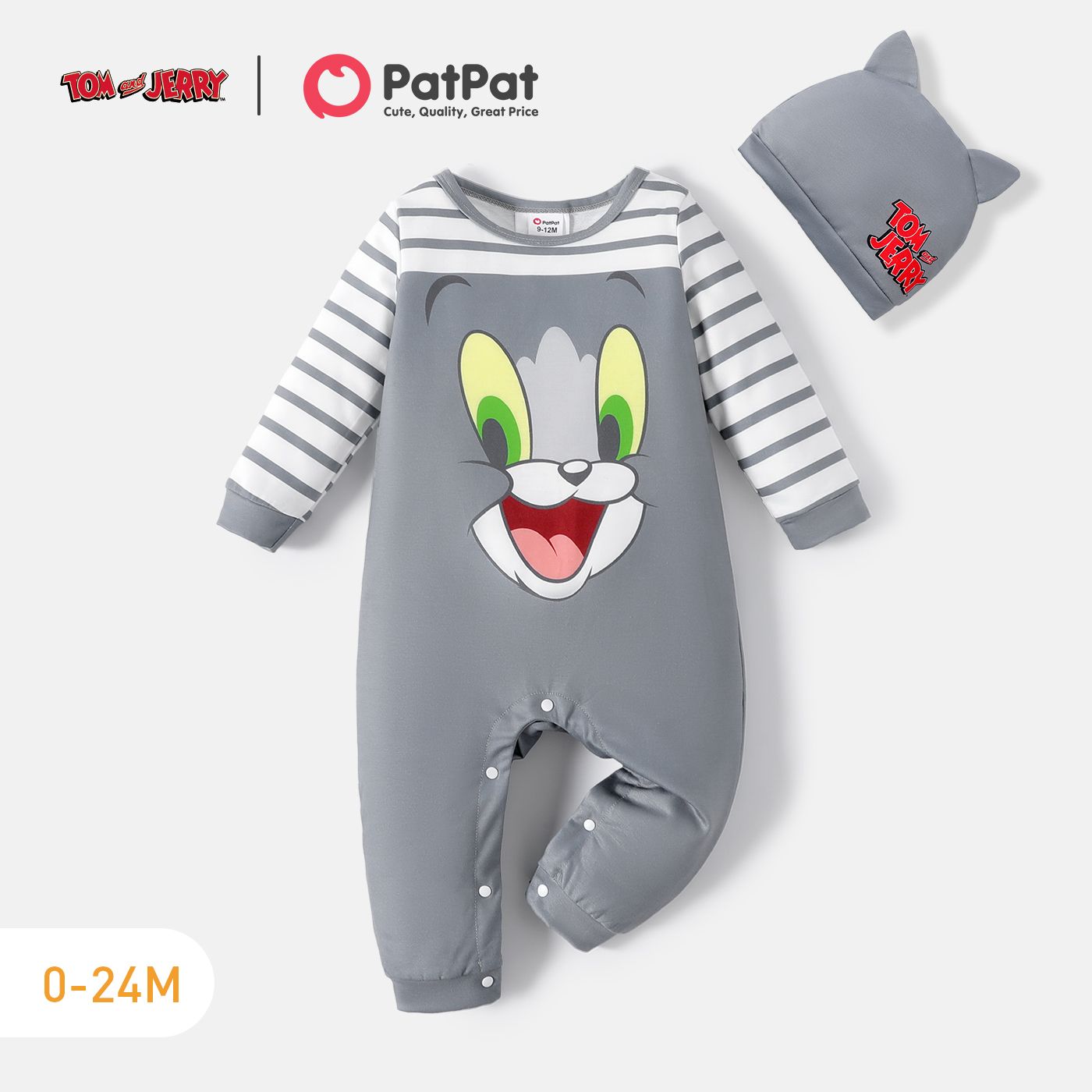 

Tom and Jerry 2pcs Baby Boy/Girl Striped Long-sleeve Graphic Jumpsuit with Hat Set