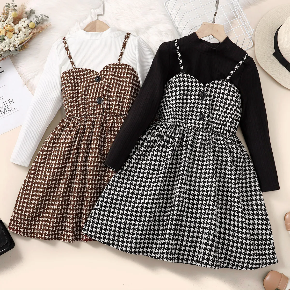 2pcs Kid Girl Mock Neck Long-sleeve Tee and Houndstooth Overall Dress Set