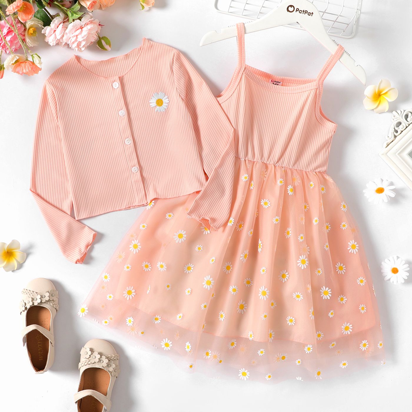 

2pcs Kid Girl Floral Print Mesh Splice Slip Dress and Ribbed Jacket Set