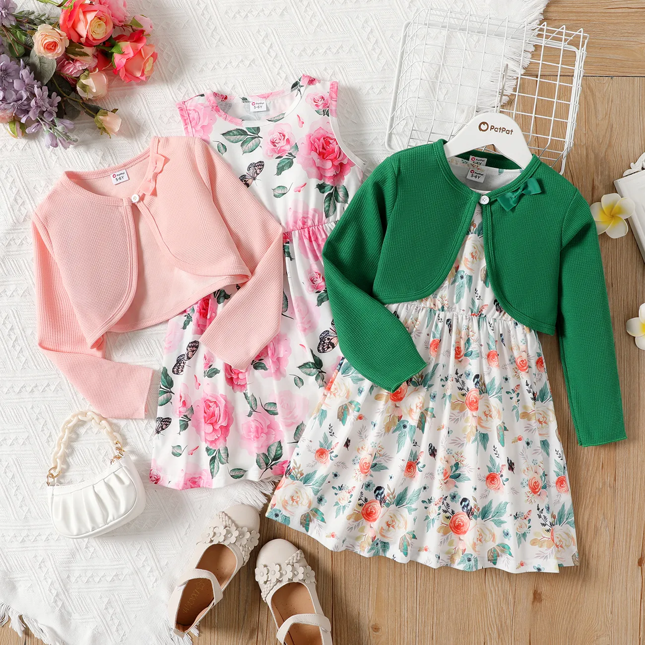 2pcs Kid Girl Floral Print Sleeveless Dress and Bowknot Design Cardigan Set Pink big image 1