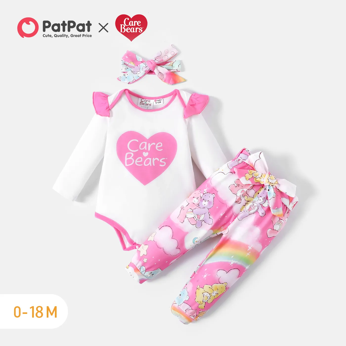 Care Bears 3pcs Baby Girl Ruffle Long-sleeve Graphic Romper and Belted Pants with Headband Set